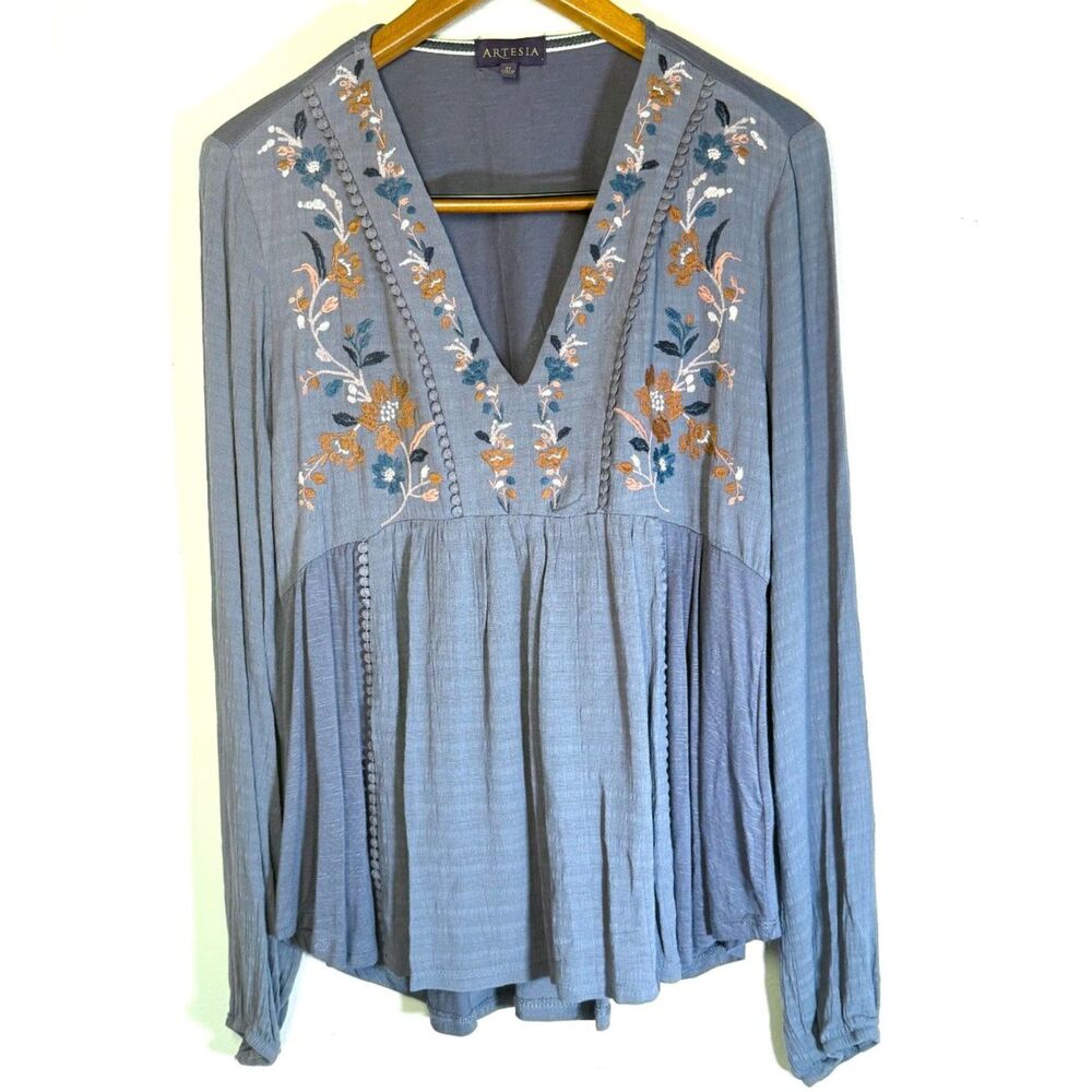 Artesia M Slate Blue Floral Embroidered Boho Festival Peasant Cottage Blouse Top